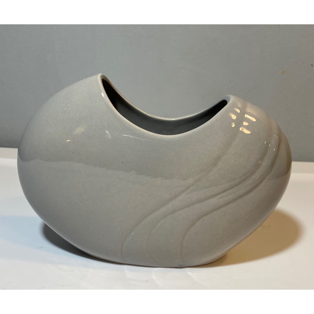 Vintage Postmodern Gray Ceramic Kidney Vase Asymmetrical Wave Design Glossy